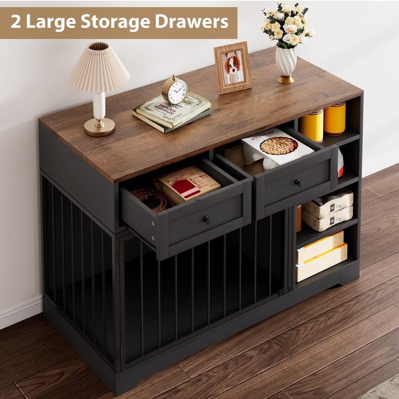 Wooden Dog Cage Furniture Indoor Crate Kennel TV Stand with Drawers Shelves