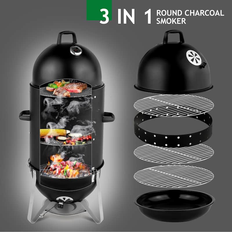 Black Steel Charcoal Smoker With Three Layer Round BBQ Grill