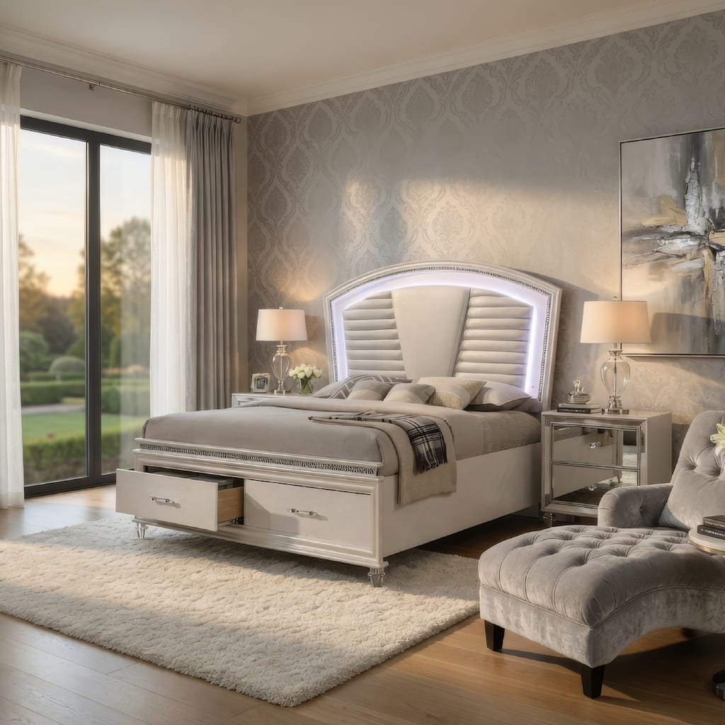 Sam King Bed with LED Lights, Storage, White Tufted Faux Leather