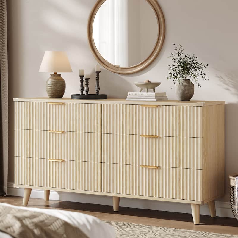 6 Drawer Dresser for Bedroom, 53" Wide Boho Fluted Dresser - Natural