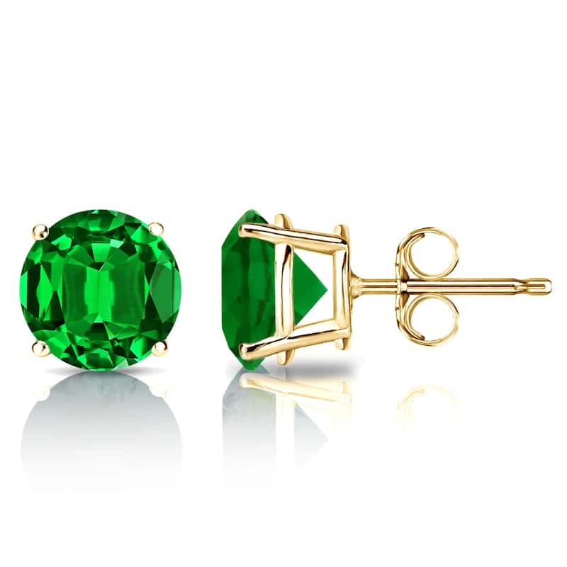 Auriya 14k Gold Lab Grown Gemstone Green Emerald Stud Earrings Round 0.25 to 5.00 ct. tw. 4-Prong Basket Push-Back - 4.50ct tgw. - Yellow