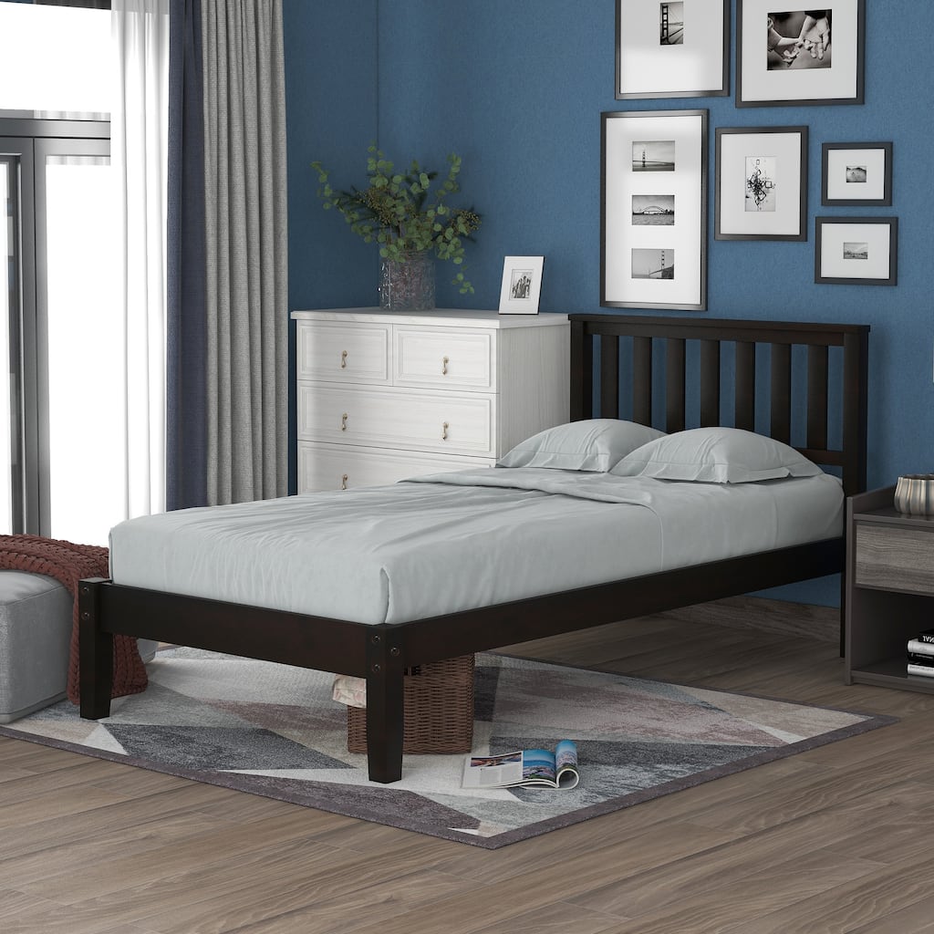 Twin Size Wood Platform Bed with Headboard and Wooden Slat Support