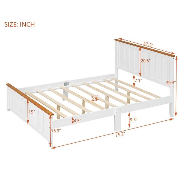 Full Size Wood Platform Bed Wooden Slat Support, Vintage Simple Bed Frame with Rectangular Headboard and Footboard, White