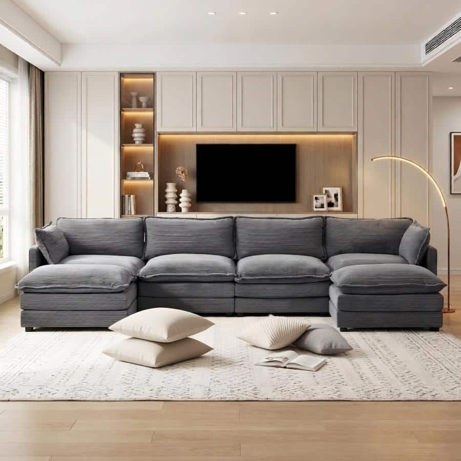 Oversized Modular Corduroy Sectional Sofa Set with Ottoman, 3-Seater / 4-Seater Deep Seat Lounge Couch for Living Room