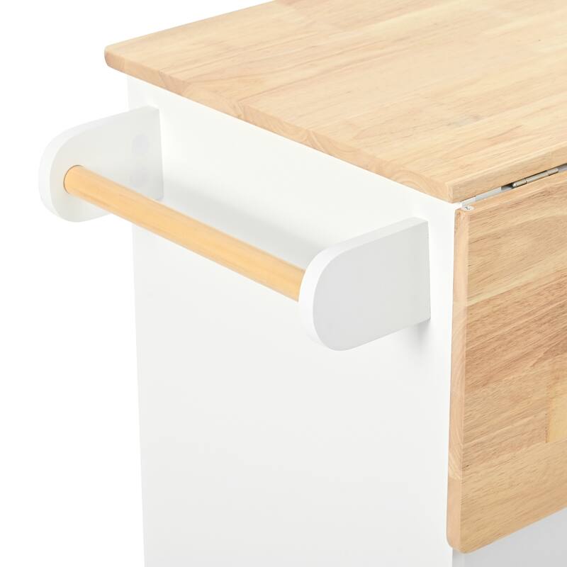 39.80'' Rubber wood Kitchen Island with Power Outlet, Drop Leaf, Adjustable Shelf and 2 Drawers - 39.8'' x 29.33'' x 33.7''