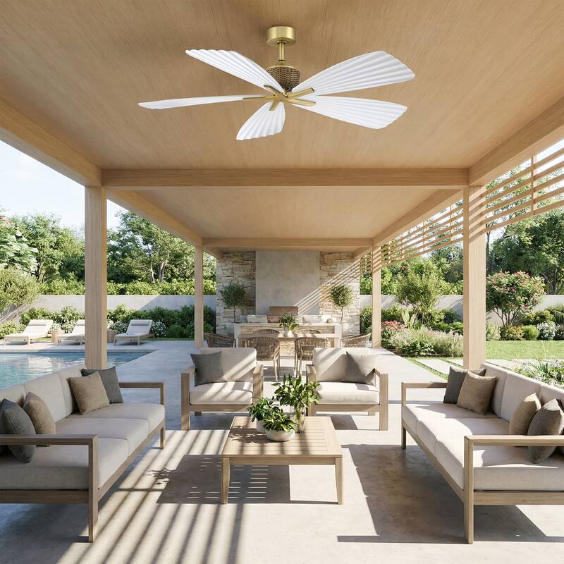 56" Tropical White Palm Leaf 5-Blade Indoor Outdoor Ceiling Fan with Remote, No Light