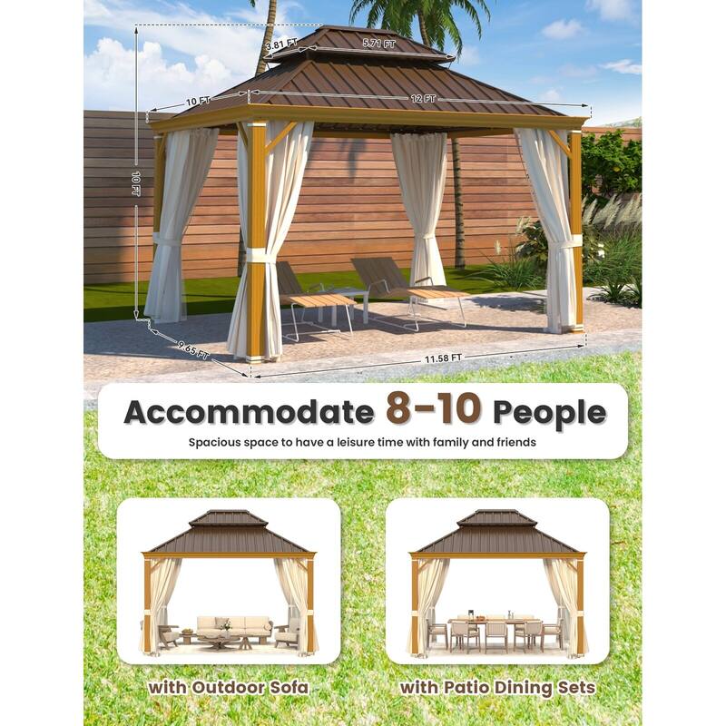 EROMMY Hardtop Patio Gazebo with Double Roof and Privacy Curtains, 12x16 FT Permanent Outdoor Metal Gazebo for Backyard, Deck