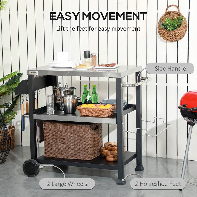 Three-Shelf Outdoor Grill Cart with Stainless Steel Tabletop,32" x 20.5" Multifunctional Pizza Oven Stand
