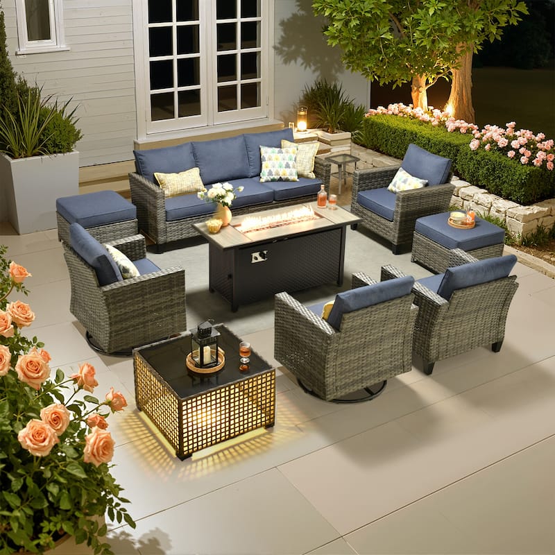OVIOS 10 Pieces Outdoor Swivel Chair Set with Solar-Powered Table & 54" Fire Table - Denim Blue