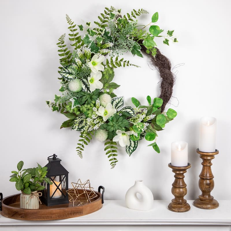 Hellebores and Ivy Artificial Spring Floral Wreath, 24-Inch
