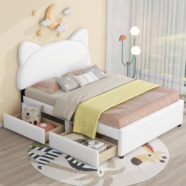 slide 2 of 12, Full Size Upholstered Platform Bed with Animal Ears Headboard,Drawers Under-Bed Pink