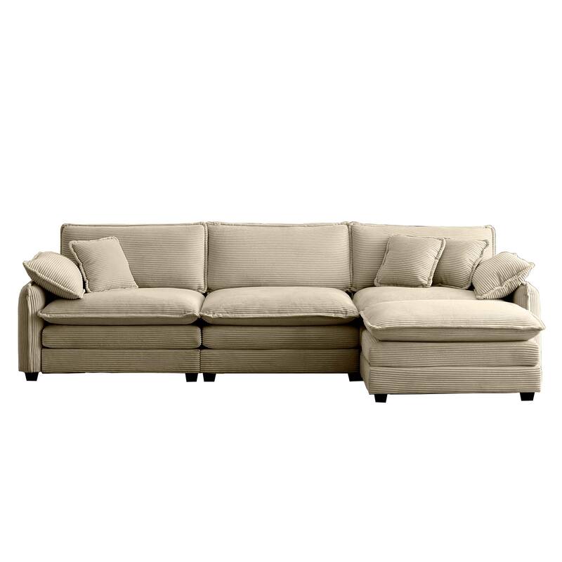 Tan 4-Piece Corduroy L-Shaped Modular Sectional Sofa, Removable Ottoman & 5 Pillows