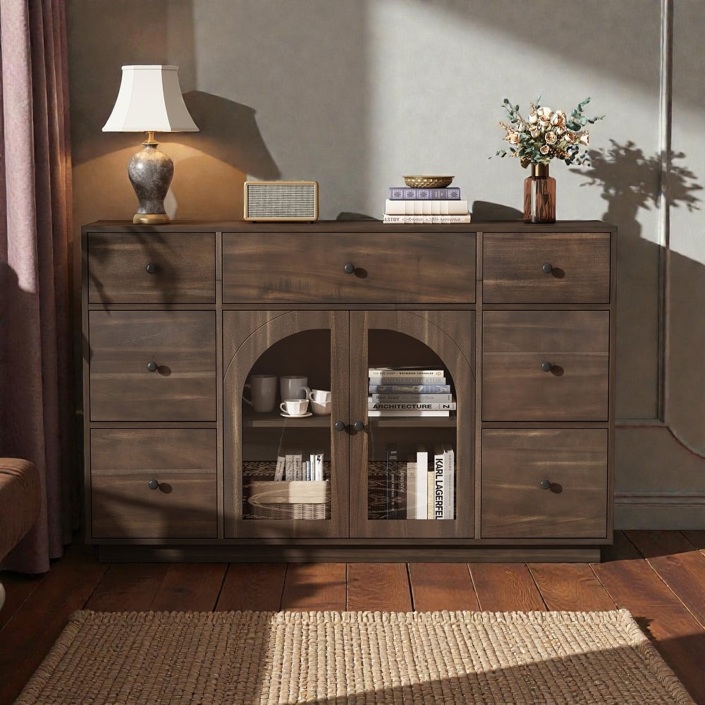55'' Storage Cabinet with 7 Drawers and 2 Doors, Modern Sideboard with Adjustable Shelves for Living Room
