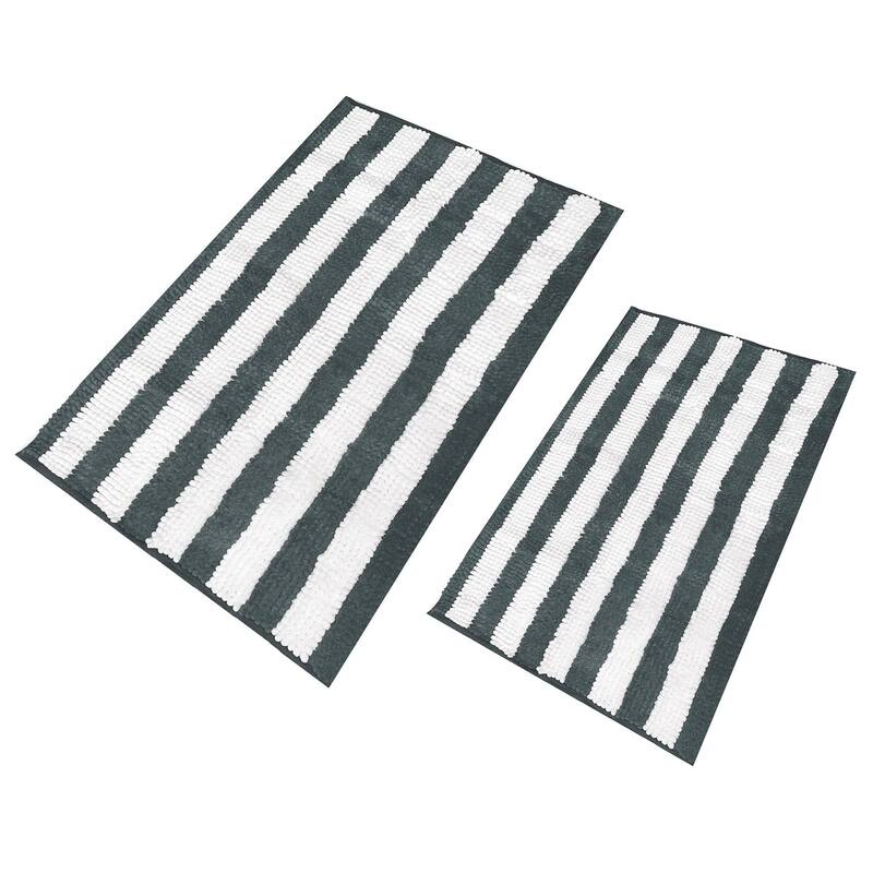 Large 2 Piece Set Charcoal Grey White Stripe Soft Cozy Plush Chenille Bath Mat Bathroom Rug