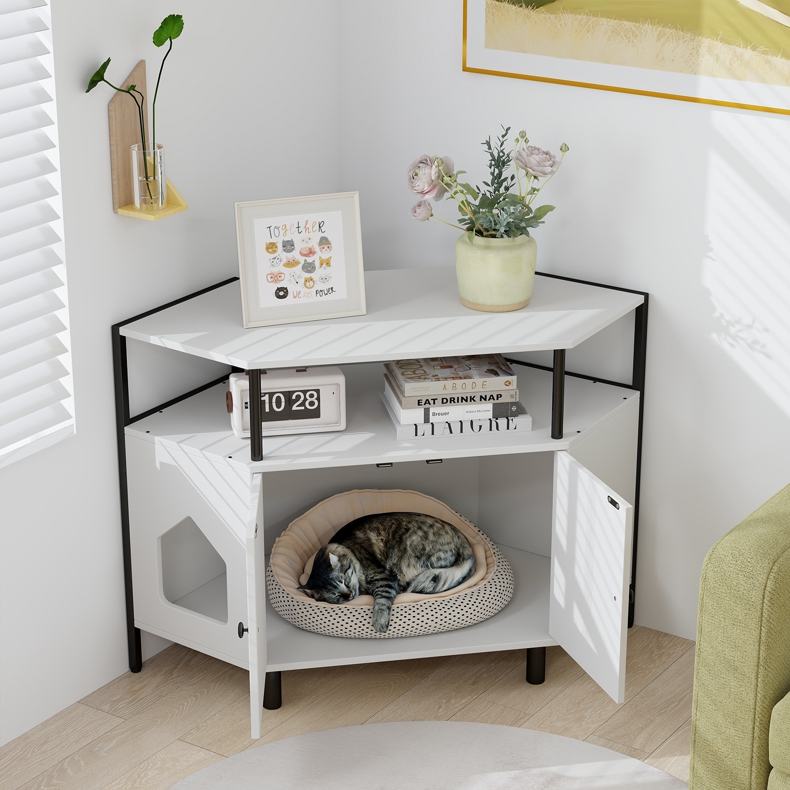 Corner Cat Litter Box Enclosure with Open Shelf 2 Entrances and Metal Legs 41.5 x 20 x 29 Bed Bath Beyond 40836908
