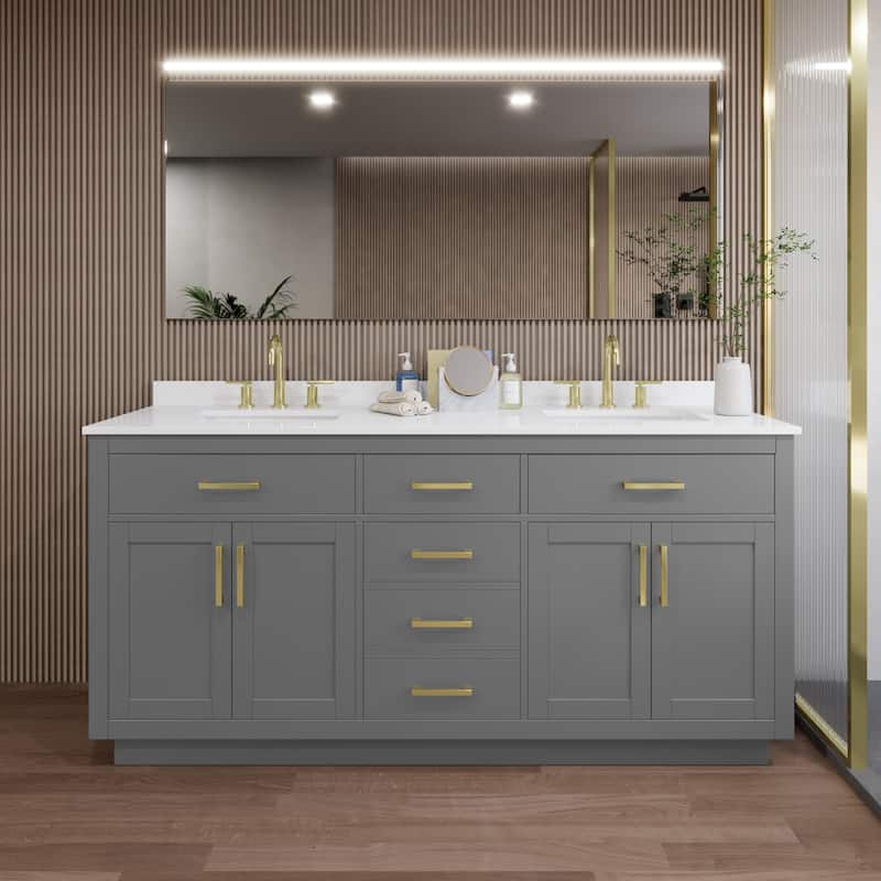 Wyndham Collection WCG262672D-QTZ-US3MXX Beckett TK 72" Free Standing - Dark Gray / White Quartz Top / Brushed Gold