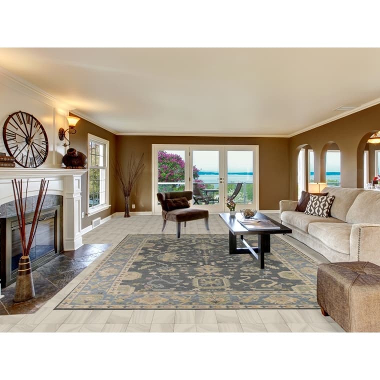 Vegetable Dye Floral Oushak Turkish Rug Hand-Knotted Grey Wool Carpet - 8'10" x 11'9"