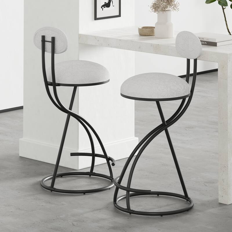 Set of 2 Round Print Bar Stools, Black Metal Upholstered Counter Height Chairs for Kitchen & Dining