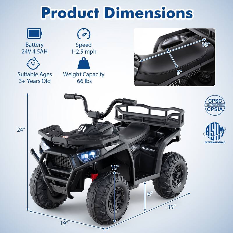 Kids Ride-On ATV with 4-Wheel Shock Absorbers and LED Lights Music Player USB Charging Port - 35" × 19" × 24" (L x W x H)