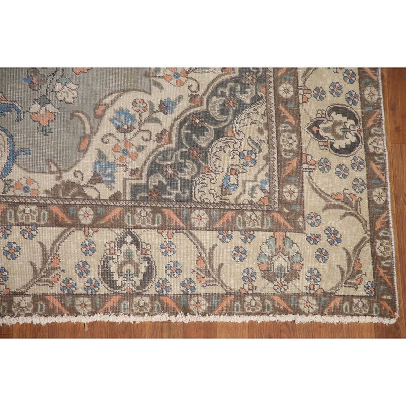 Hand Knotted Oriental 100% Wool Carpet Traditional Medallion Greys & Charcoal Tabriz Area Rug - 10' 9'' X 7' 2''