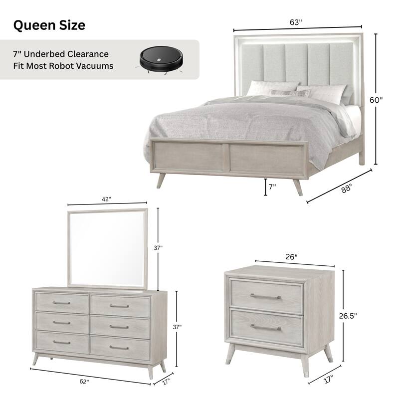 Roundhill Furniture Seluna 4-Piece Bedroom Set with Touch LED Lighting, Gray Oak Finish