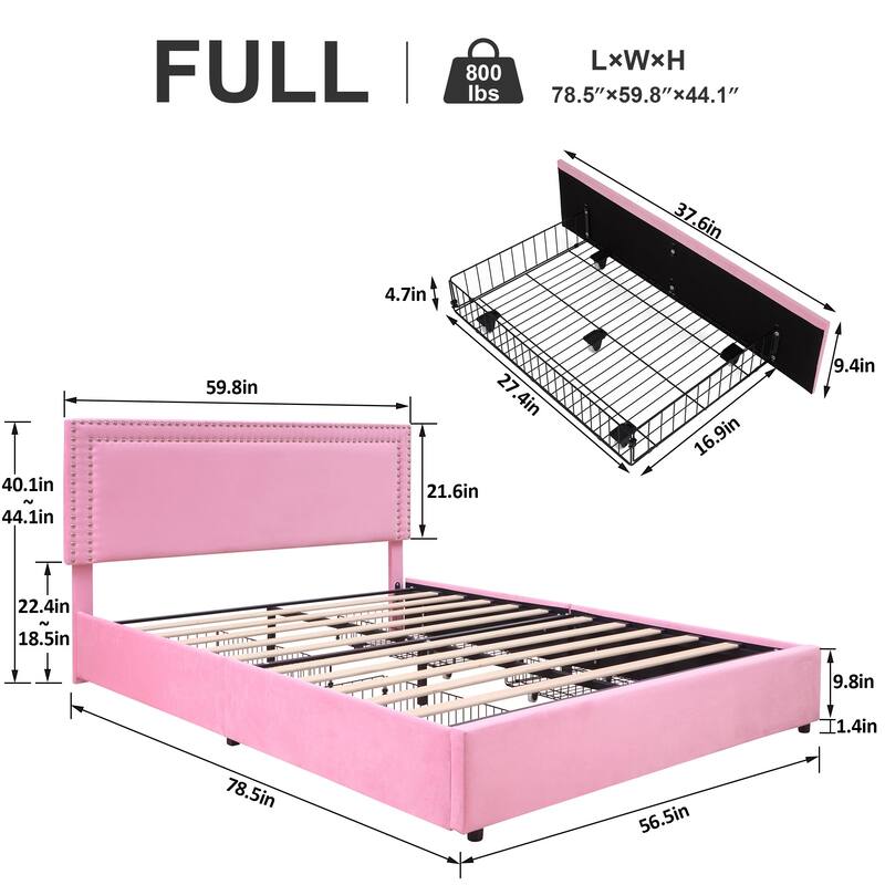 VECELO Upholstered Storage Bed Frames with 4 Storage Drawers, Platform Bed Frame with Adjustable Velvet Rivets Headboard