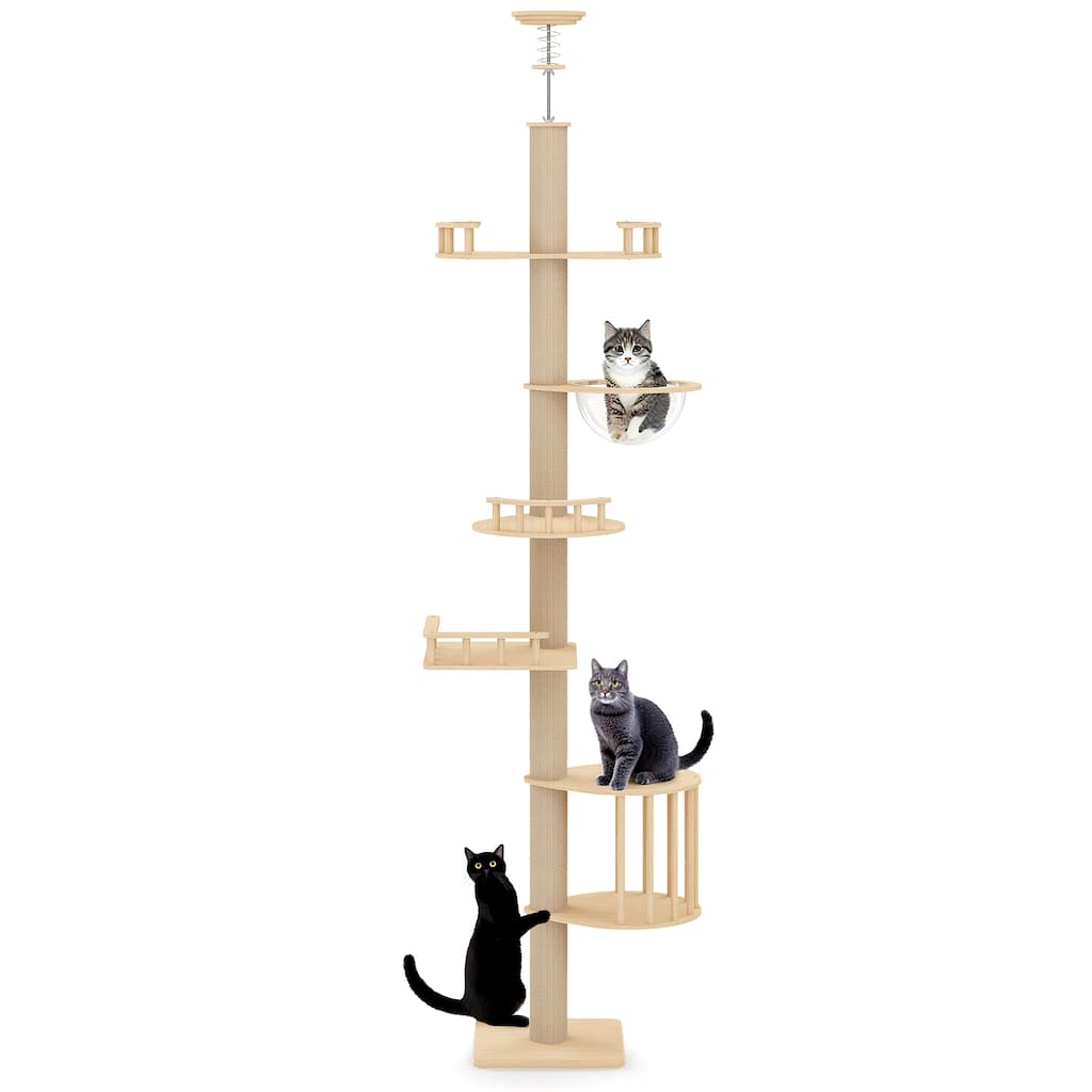 Floor-to-Ceiling Adjustable Cat Tree Tower with Acrylic Capsule - Natural