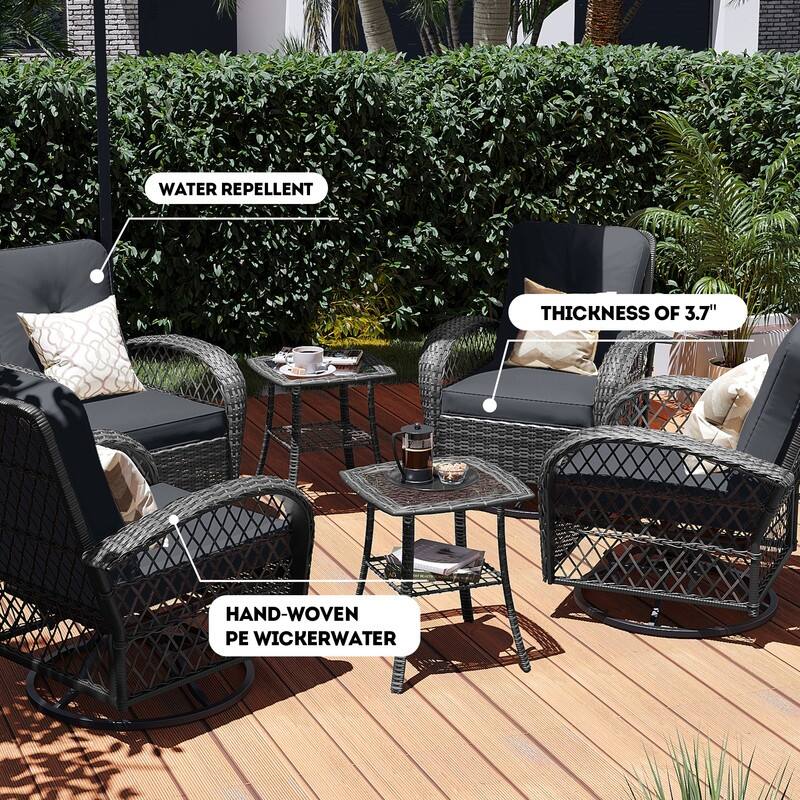 Patio Watcher 6-Piece Gray Wicker 360-Degree Patio Conversation Outdoor Rocking Chair Set with Cushions
