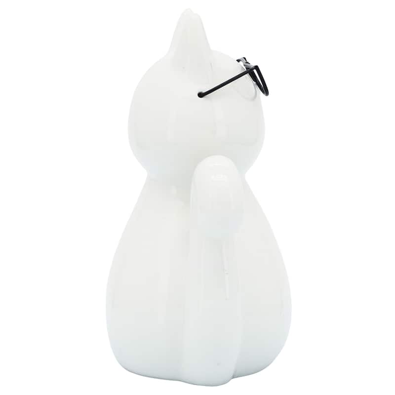 Sagebrook Home Porcelain Cat Statue White Kitty with Glasses Decorative Sculpture