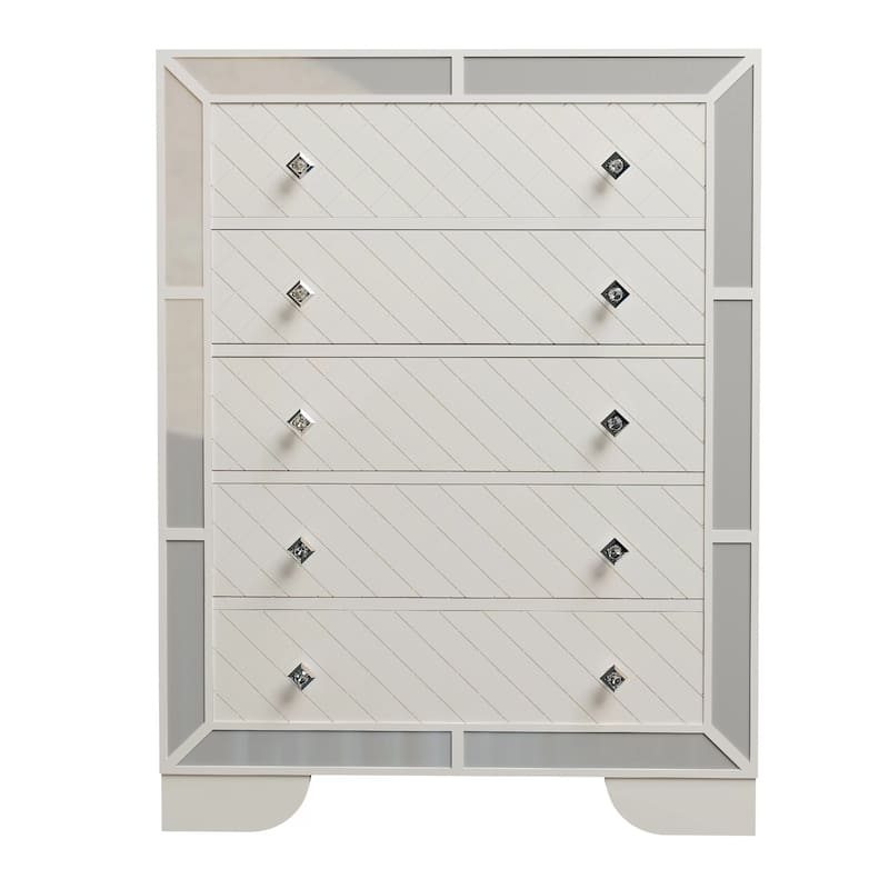 Athon Tall Dresser Chest with 5 Drawers, Diamond Patterns, Ivory Wood