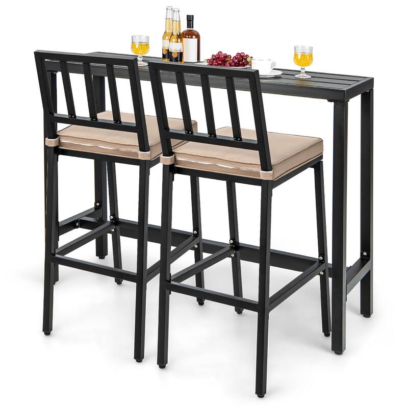 Costway 3PCS Outdoor Metal Bar Table & Chairs Set Patio Dining Table - Black + Beige - See Details