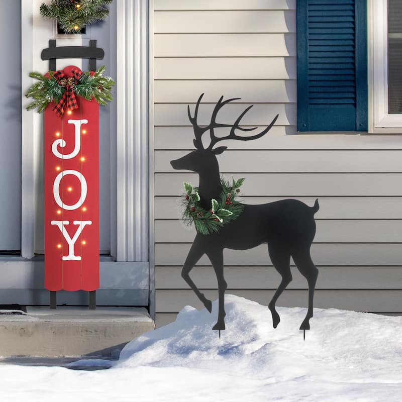Glitzhome Christmas Metal Silhouette Nativity Waterglobe with Reindeer Yard Stakes Wall Decor