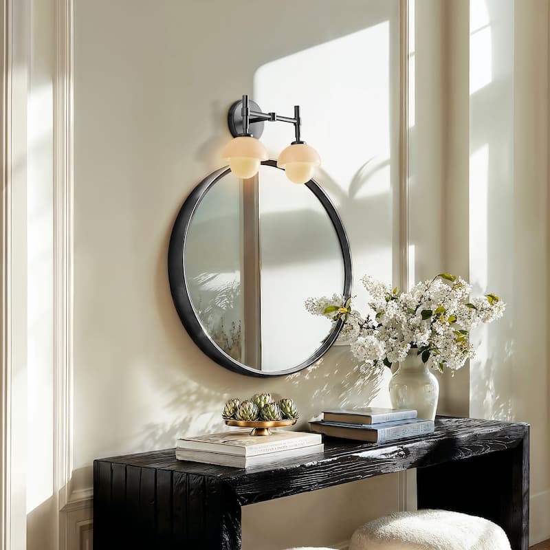 Modern Pod Double Armed Sconce Metal, Glass & Matte Black, Ivory White 2-Light Sconce for Bathroom or Bedroom in Modern Style