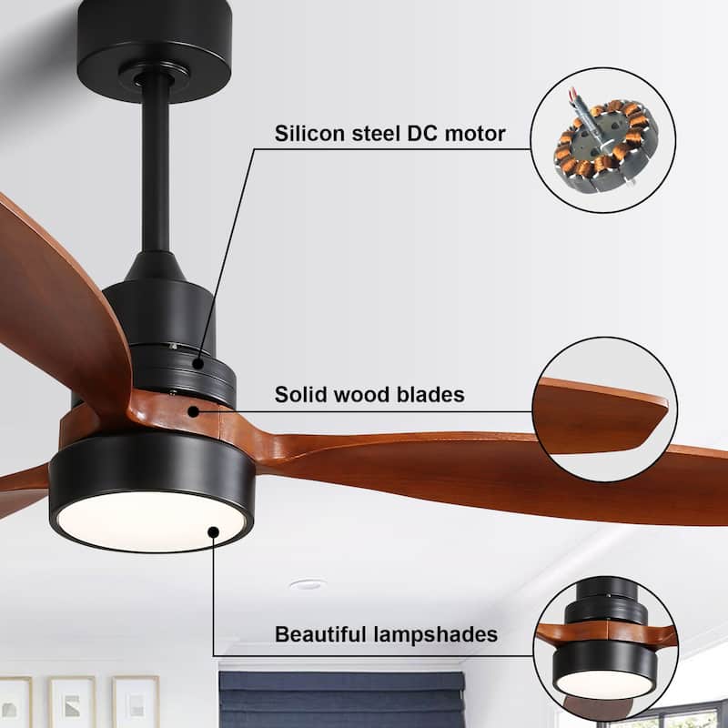 52" Farmhouse Style Wood Walnut Ceiling Fan With Lights and Remote Control, Dimmable LED Optional