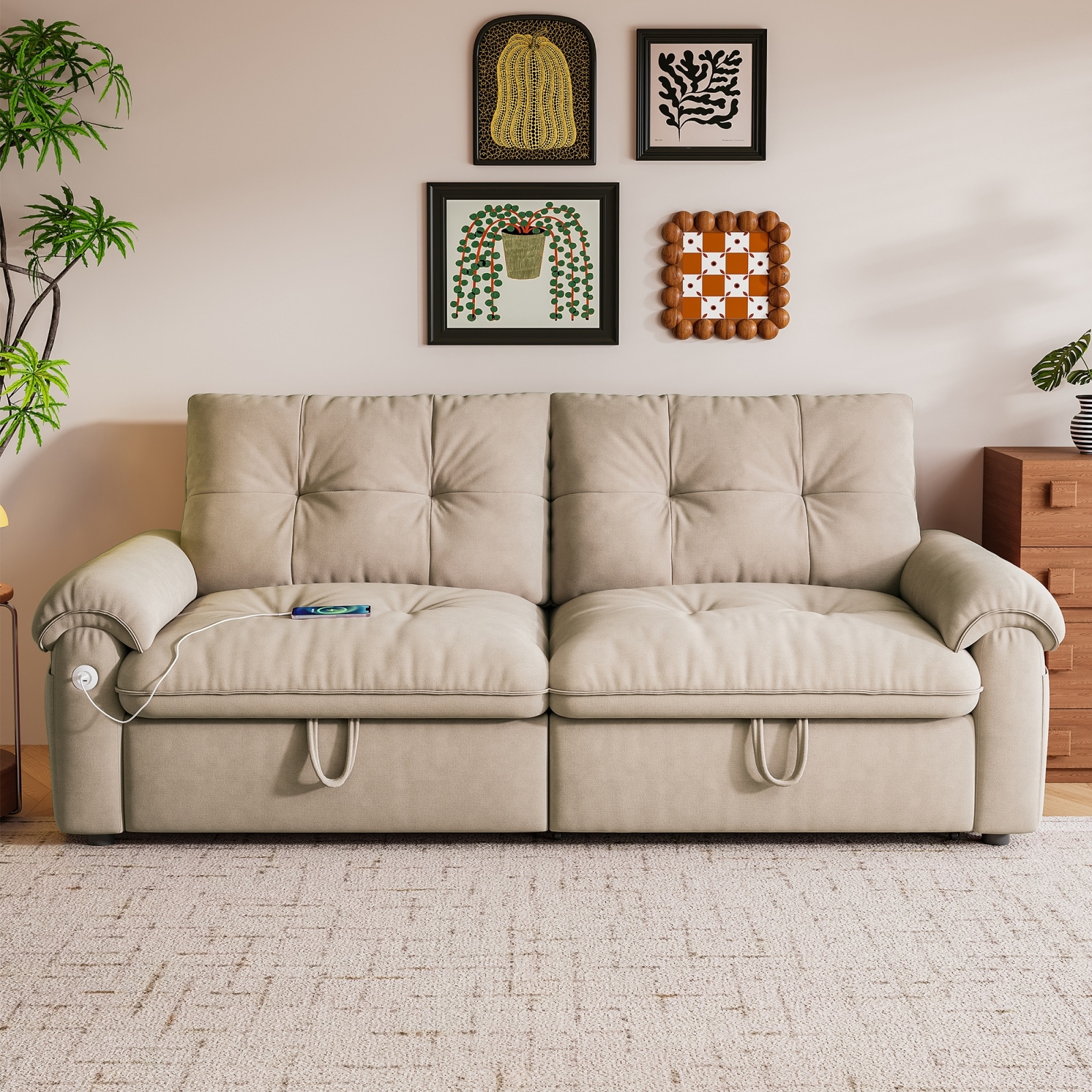 77.2-Inch Plush Convertible Sleeper Sofa Bed with USB Charging and Side Pockets