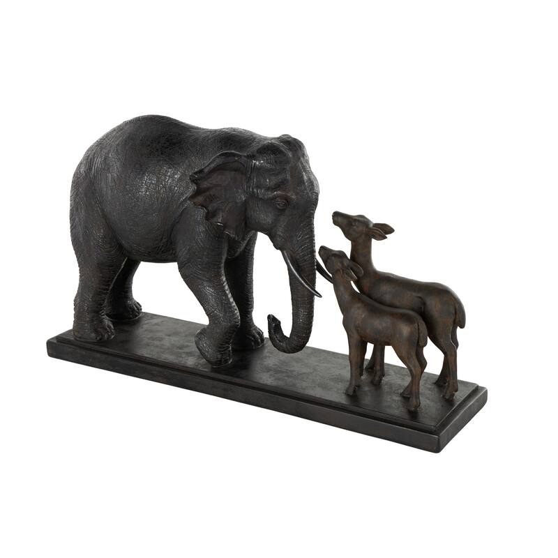 Black Resin Walking Elephant Decorative Sculpture with Dark Brown Deer