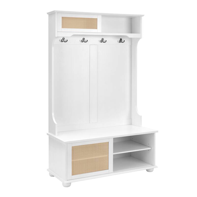 Casual Style Hall Tree Entryway Bench with Rattan Door Shelves and Shoe Cabinets, SOLID WOOD Feet