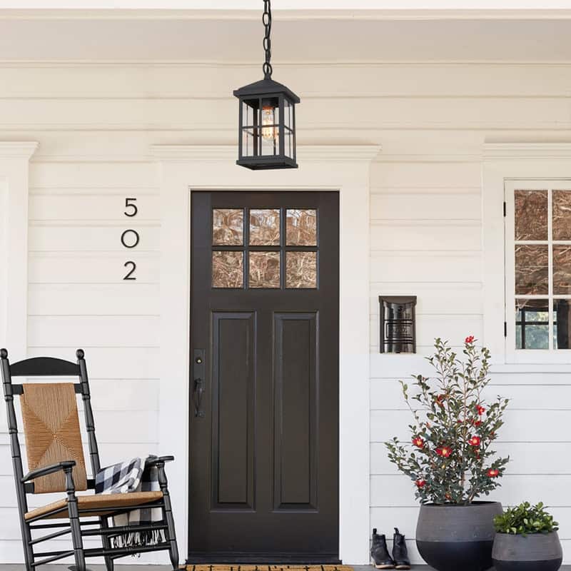 1-Light Black Outdoor Hanging Porch Pendant Lantern Light - L 5"x W 5"x H 10.5"