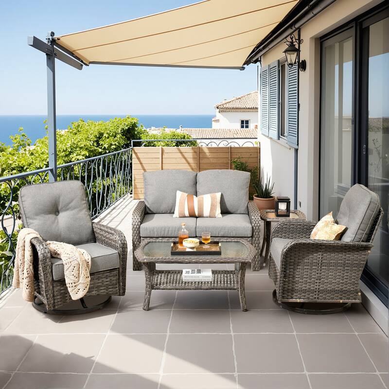 HOOOWOOO 5-piece Grey Wicker Furniture Chat Set Patio Conversation Set with Swivel Chair - Dark Grey