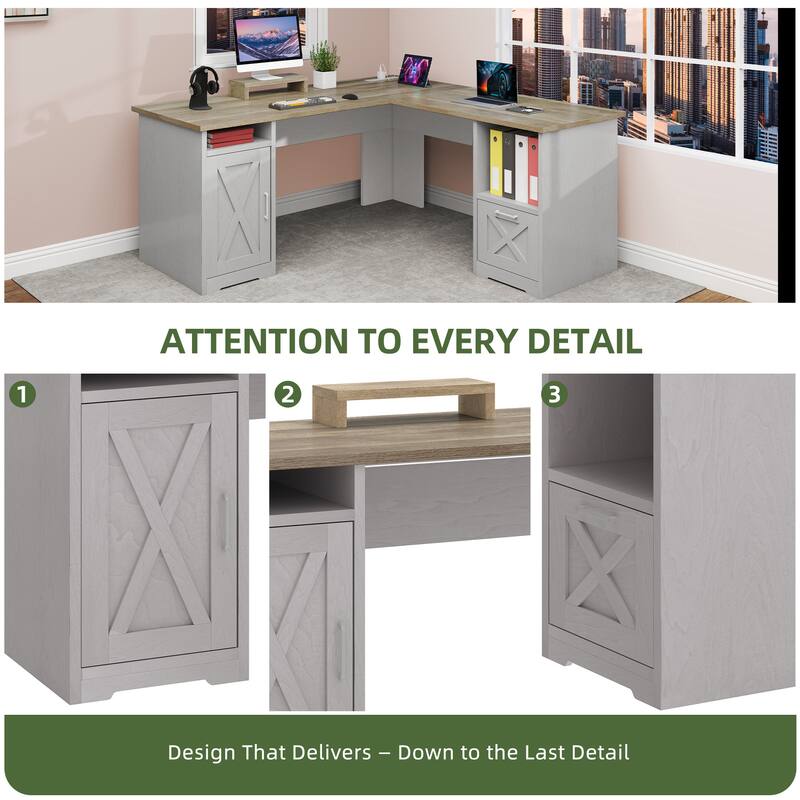 Moasis 59" L Shaped Office Desk with File Cabinet, Corner Computer Desk with Monitor Stand for Home Ofiice