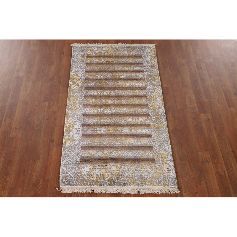 Striped Indo Abstract Oriental Accent Rug Handmade Wool Carpet - 2'8"x 4'10"