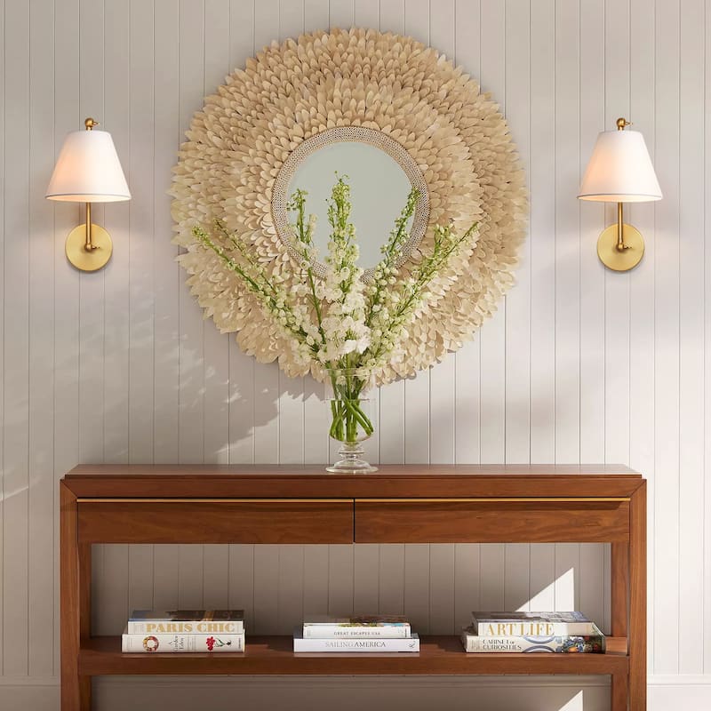 1-Light Modern Brushed Gold Adjustable Swing Arm Wall Sconce with Cone Fabric Shade for Bedroom, Study