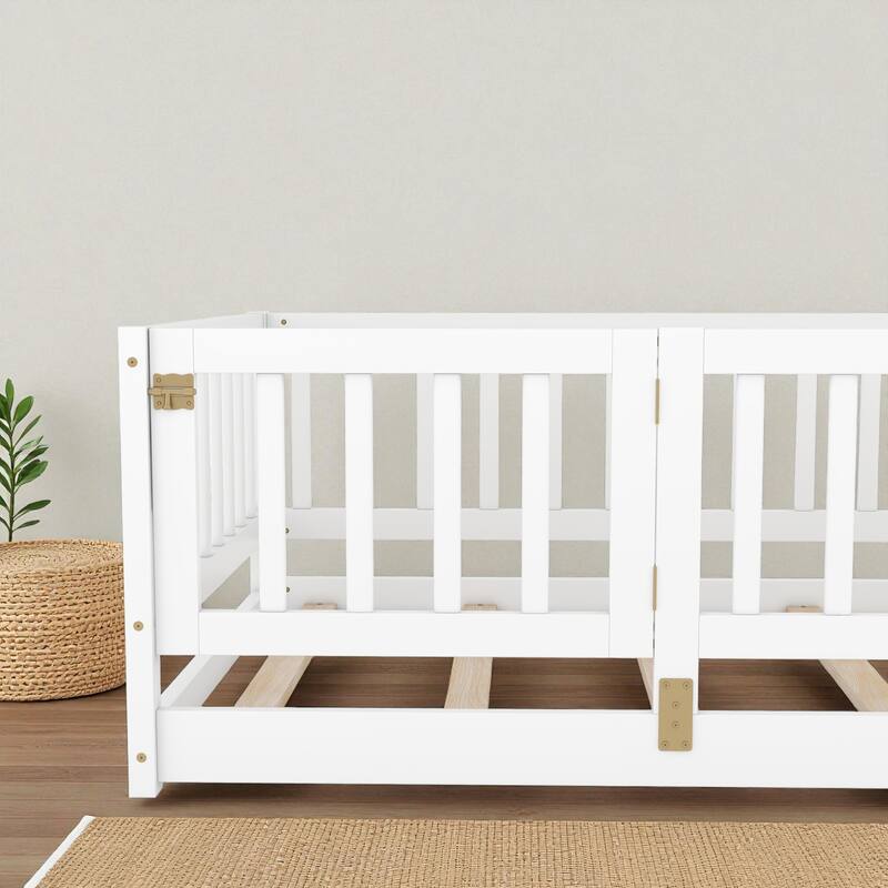 Twin/Full Montessori Floor Bed with Slats, Fence and Door, Wood Low Kids Bed for Girls and Boys, No Box Spring Needed