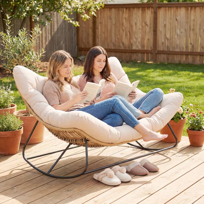 Outsunny Double Papasan Rocking Chair, Wicker Oversized Indoor Outdoor Rocking Chair with Cushion - White