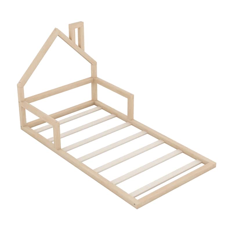 Full Size Wooden Floor Bed with House-Shaped Headboard, Sturdy Pine Frame
