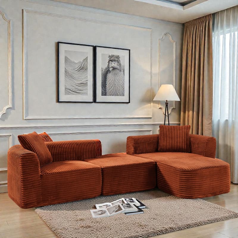 114" Cloud Sectional Couch with L Shape Chaise, Modular Corduroy Sofa with Movable Ottoman, No Assembly - Orange