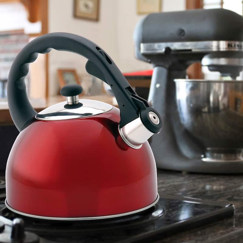 Creative Home Satin Splendor 2.8 Quart Stainless Steel Whistling Tea Kettle with Aluminum Capsulated Bottom, Metallic Cranberry