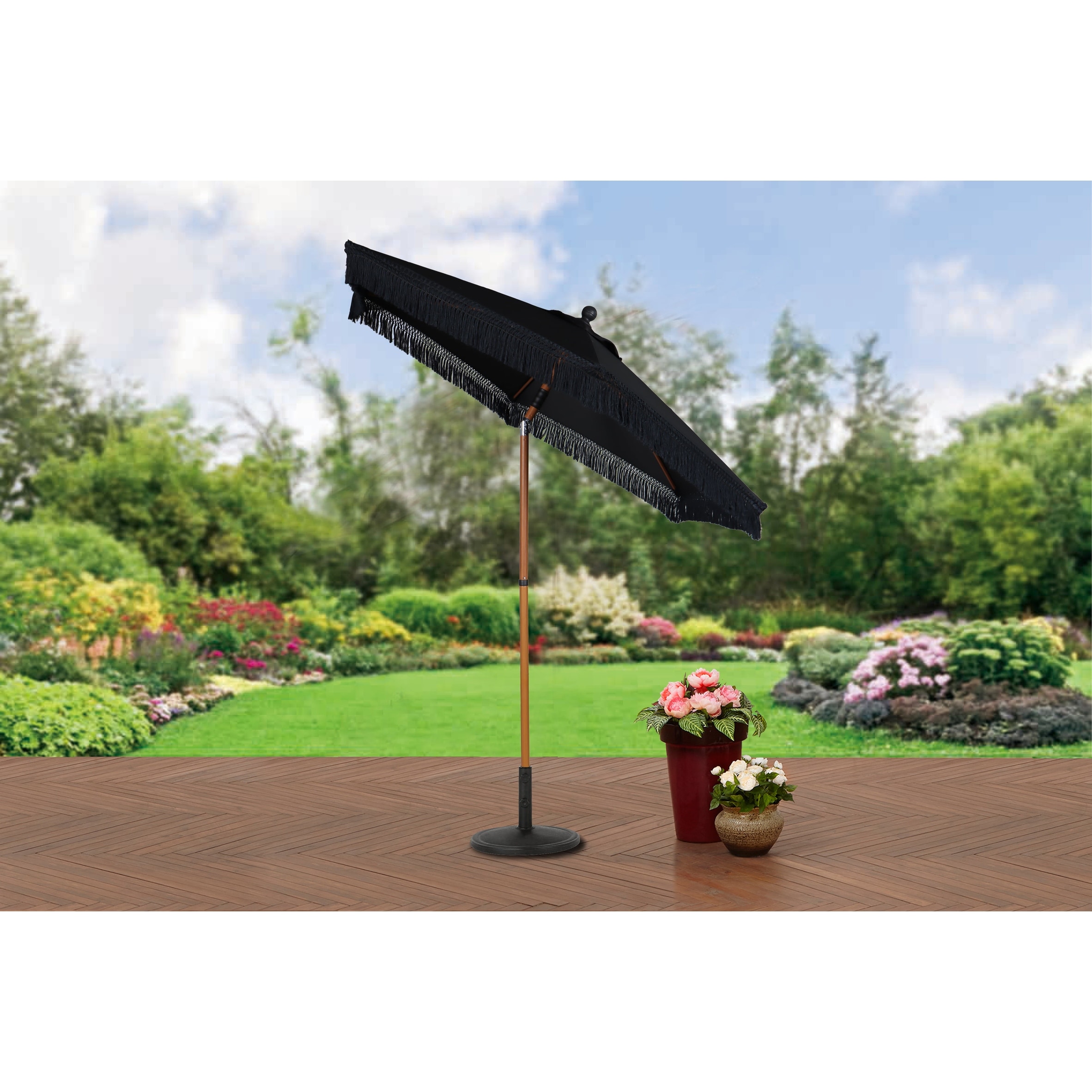 better homes & gardens ventura 7.5 fringe patio umbrella Ventura 7.5' Black Fringe Round Market Patio Umbrella - Bed Bath & Beyond