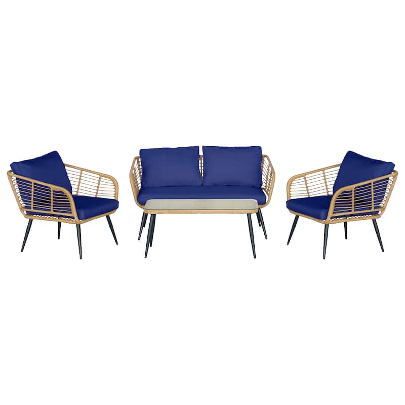 4-Piece Outdoor Patio Furniture Set with Cushions & Tempered Glass Table, Rattan Bistro Set for Garden, Porch, Backyard