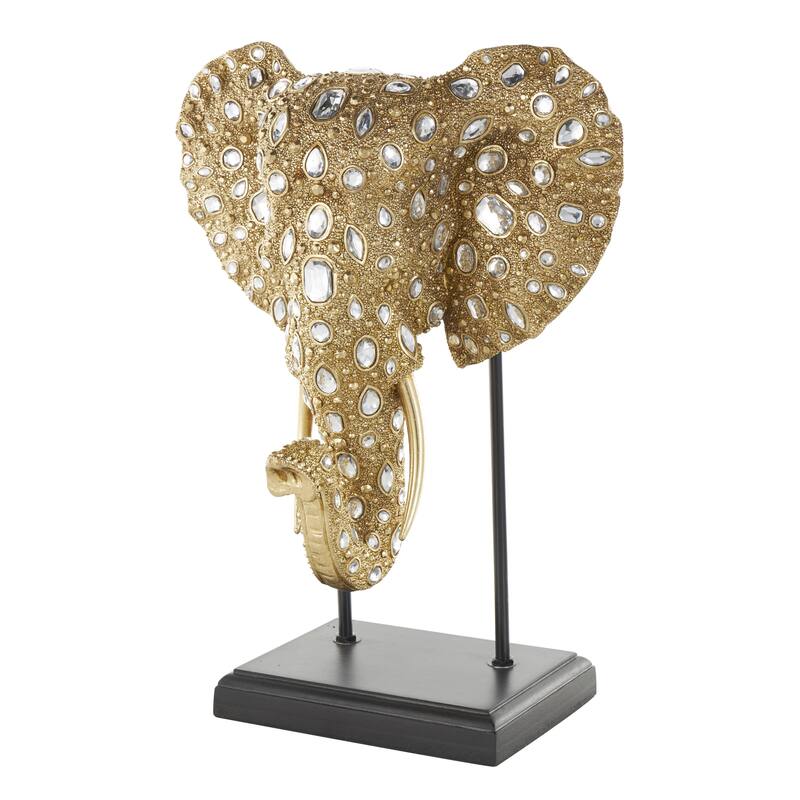 Resin Elephant Beaded Decorative Sculpture with Rhinestone Accents and Black Metal Stand - Gold - Roche River Decor